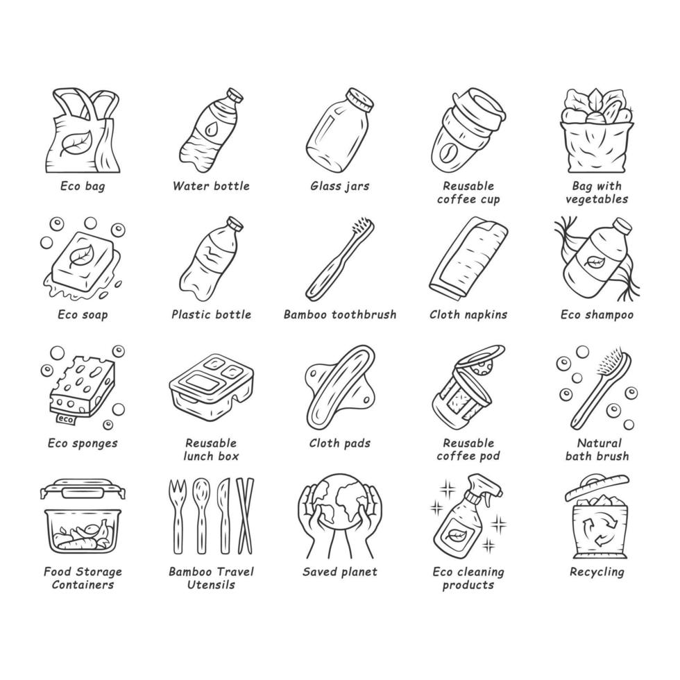 Zéro déchet swaps ensemble d'icônes linéaires faites à la main. matériaux et produits réutilisables et respectueux de l'environnement. sac écologique, savon, shampoing. symboles de contour de ligne mince. illustrations vectorielles isolées. trait modifiable vecteur