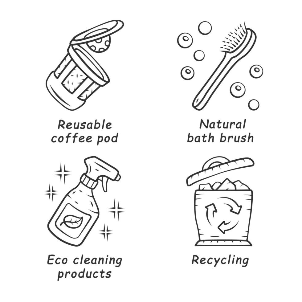 Zéro déchet swaps ensemble d'icônes linéaires faites à la main. matériaux respectueux de l'environnement. produits de nettoyage écologiques, brosse de bain réutilisable k-cup. symboles de contour de ligne mince. illustrations vectorielles isolées. trait modifiable vecteur