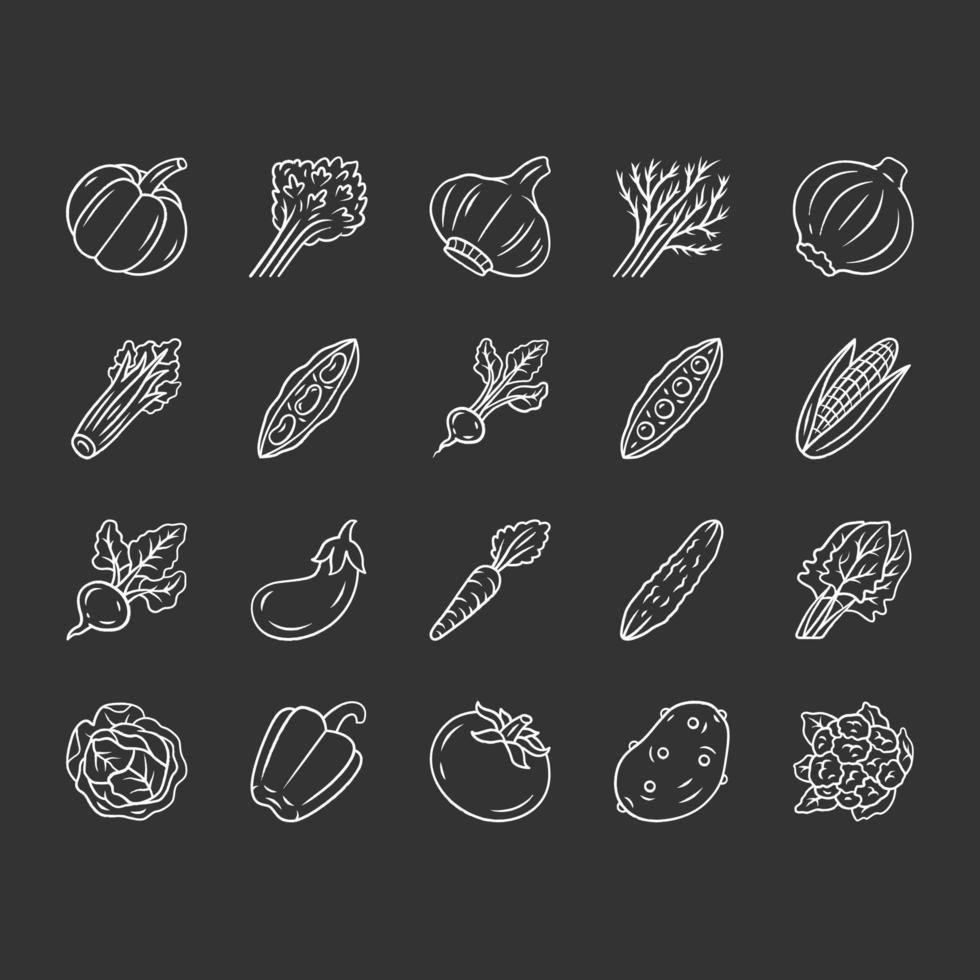 ensemble d'icônes de craie de légumes. pomme de terre, chou, carotte, poivron. ingrédients de la soupe et de la salade. vitamine et diététique. nourriture végétalienne et végétarienne. alimentation saine. illustrations de tableau de vecteur isolé