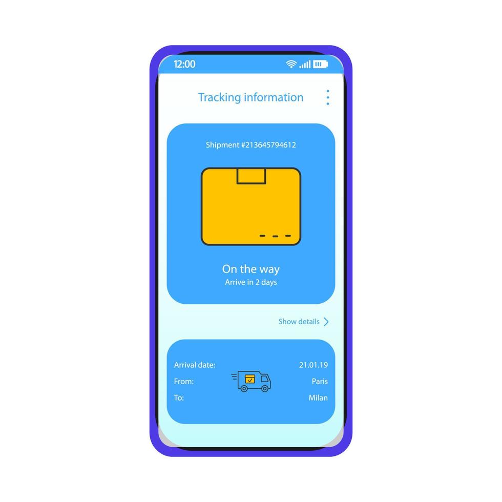 modèle de vecteur d'interface de smartphone d'application de suivi de colis. mise en page de conception bleue de la page d'application d'expédition mobile. écran de suivi des messages. interface utilisateur plate. logistique en ligne, informations d'expédition de colis sur l'écran du téléphone.