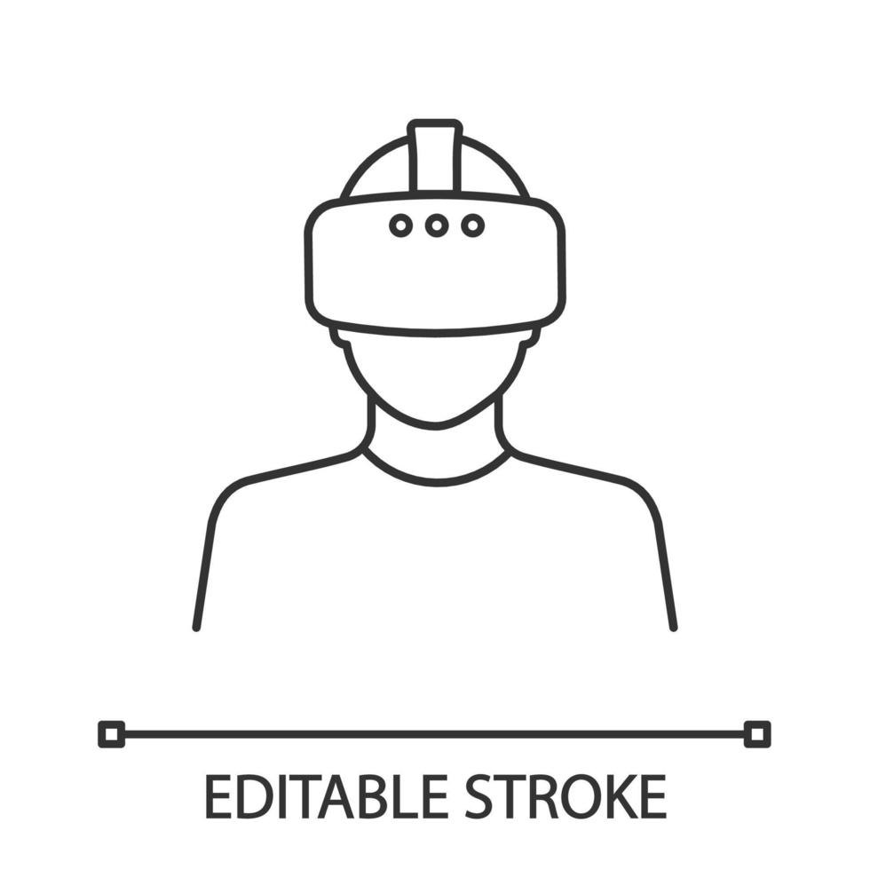 icône linéaire du lecteur de réalité virtuelle. illustration de la ligne mince. lecteur vr. homme avec masque vr, lunettes, casque. symbole de contour. dessin de contour isolé de vecteur. trait modifiable vecteur