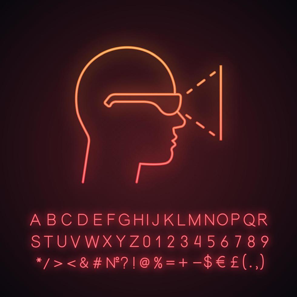icône de néon de vue latérale du lecteur vr. lecteur de réalité virtuelle. lunettes 3D. signe lumineux avec alphabet, chiffres et symboles. illustration vectorielle isolée vecteur
