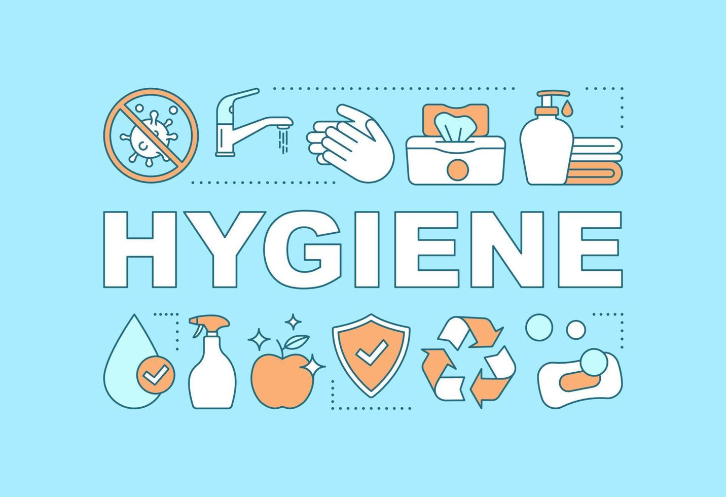 bannière de concepts de mots d'hygiène. procédures de nettoyage hygiéniques. lavage des mains. sanitaire, assainissement. présentation, site internet. typographie de lettrage isolé avec des icônes linéaires. illustration de contour de vecteur