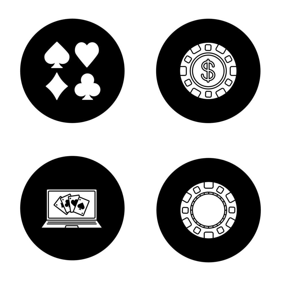 jeu d'icônes de glyphe de casino. jetons de casino, poker en ligne, combinaisons de cartes à jouer. illustrations de silhouettes blanches vectorielles dans les cercles noirs vecteur