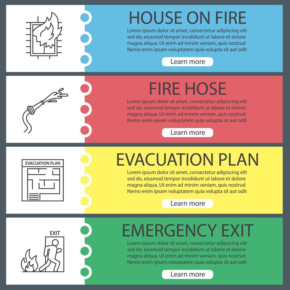 ensemble de modèles de bannières web de lutte contre les incendies. maison en feu, plan d'évacuation, tuyau, issue de secours. éléments de menu couleur du site Web avec des icônes linéaires. concepts de conception d'en-têtes vectoriels vecteur