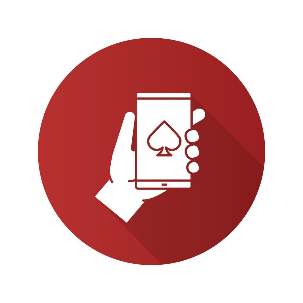 icône de glyphe d'ombre longue de conception plate de casino en ligne. main tenant un smartphone avec un signe de costume de carte de bêche. illustration vectorielle silhouette vecteur