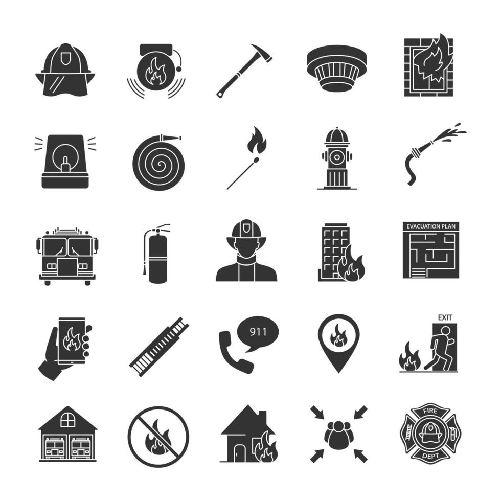 ensemble d'icônes de glyphe de lutte contre les incendies. matériel de caserne de pompiers. symboles de silhouettes. illustration vectorielle isolée vecteur