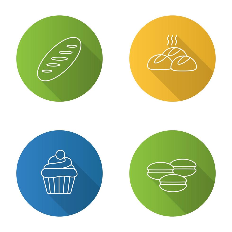 boulangerie plat linéaire grandissime icônes définies. pain, petits pains, cupcake, macarons. illustration de contour de vecteur