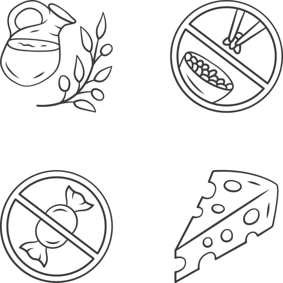 aucun ensemble d'icônes linéaires de produits biologiques sans sucre. symboles de contour de ligne mince. Régime céto sans glucose et faible en glucides. boisson fraîche naturelle, illustrations vectorielles isolées au fromage suisse. trait modifiable vecteur