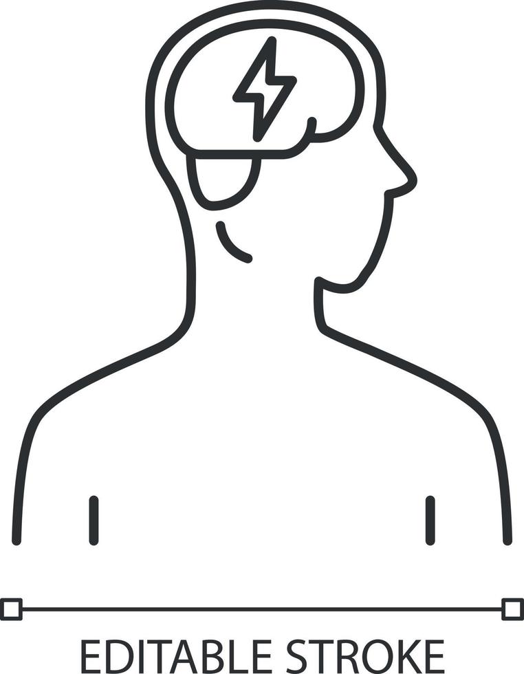 icône linéaire de cerveau malade. démence, accident vasculaire cérébral. organe humain douloureux. système nerveux malsain. santé mentale. illustration de la ligne mince. symbole de contour. dessin de contour isolé de vecteur. trait modifiable vecteur