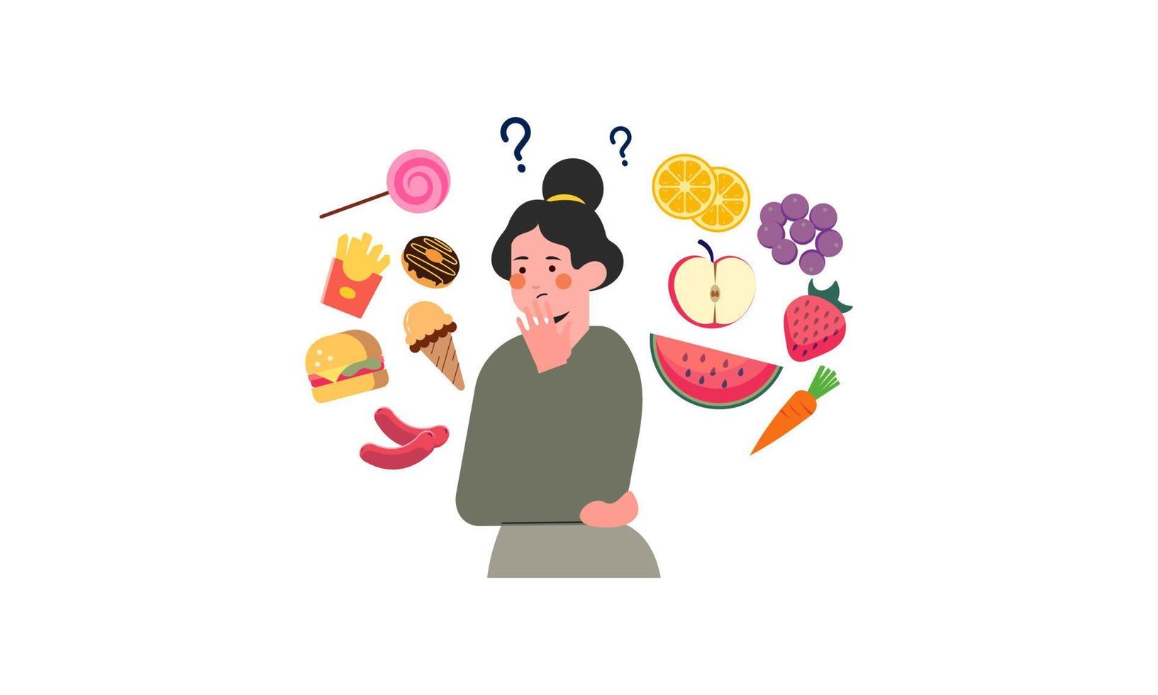 femme choisissant entre illustration de concept d'aliments sains et malsains vecteur