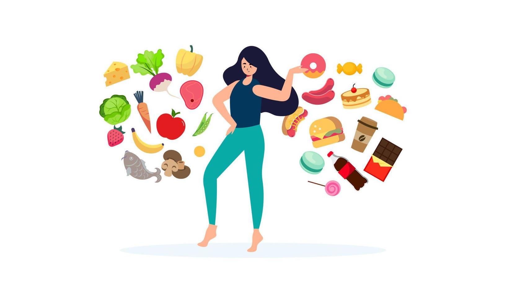 femme choisissant entre illustration de concept d'aliments sains et malsains vecteur