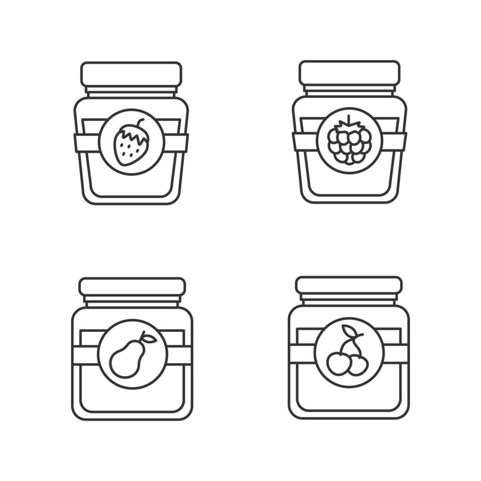 ensemble d'icônes linéaires de conserves de fruits. pots de confiture de poire, cerise, framboise et fraise. symboles de contour de ligne mince. illustrations vectorielles isolées vecteur