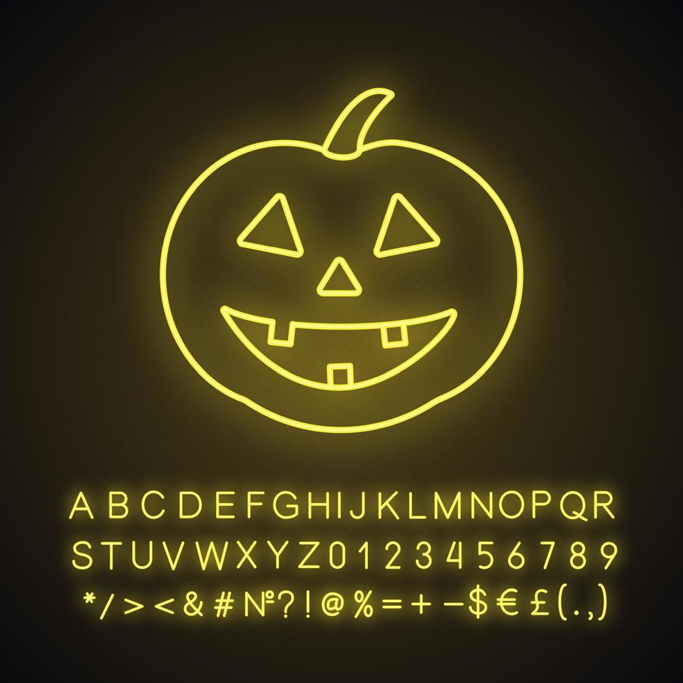 icône de néon de citrouille d'halloween. signe lumineux avec alphabet, chiffres et symboles. illustration vectorielle isolée vecteur