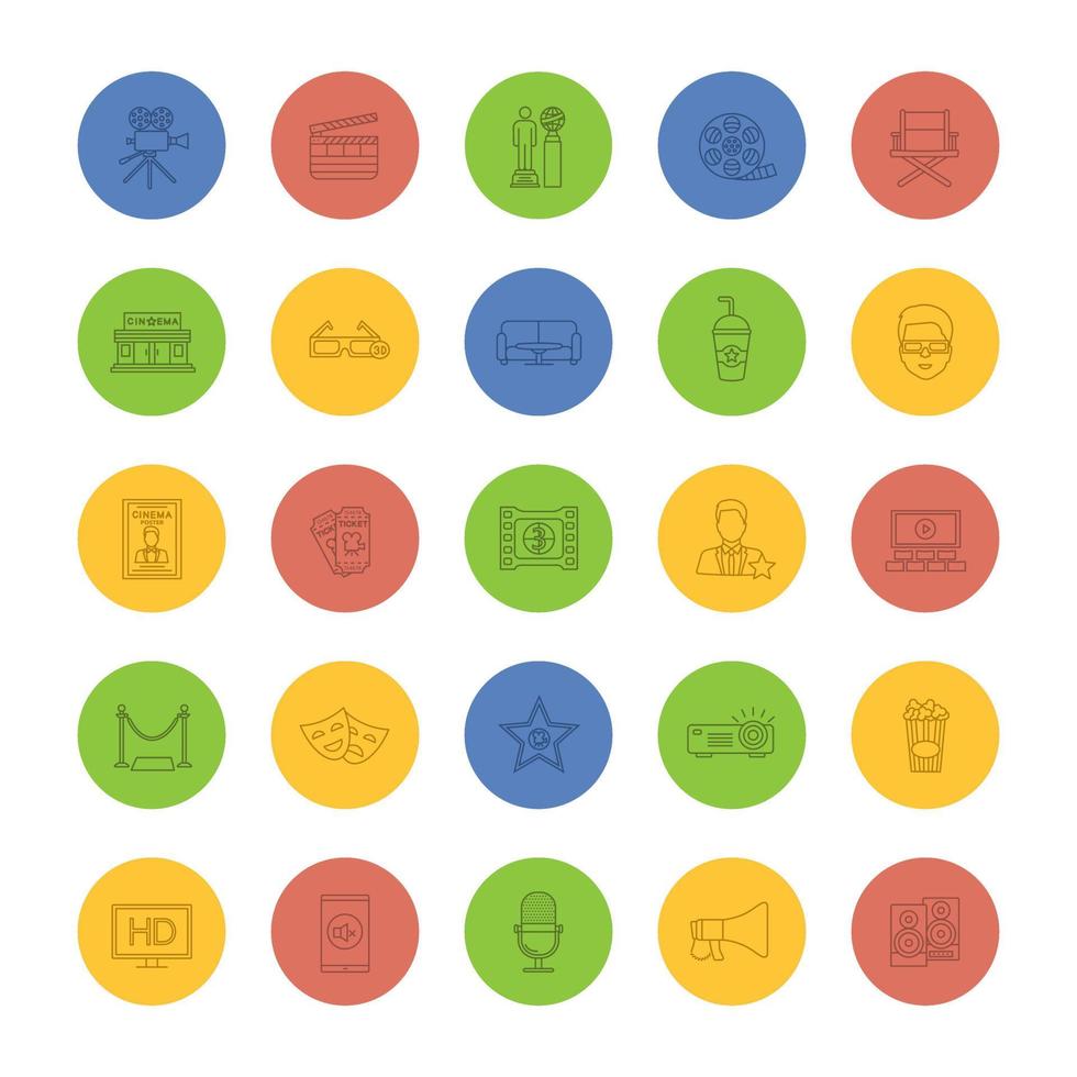 ensemble d'icônes linéaires de cinéma. cinéma. équipement, service, récompenses. symboles de contour de ligne mince sur fond de couleur. illustrations vectorielles vecteur