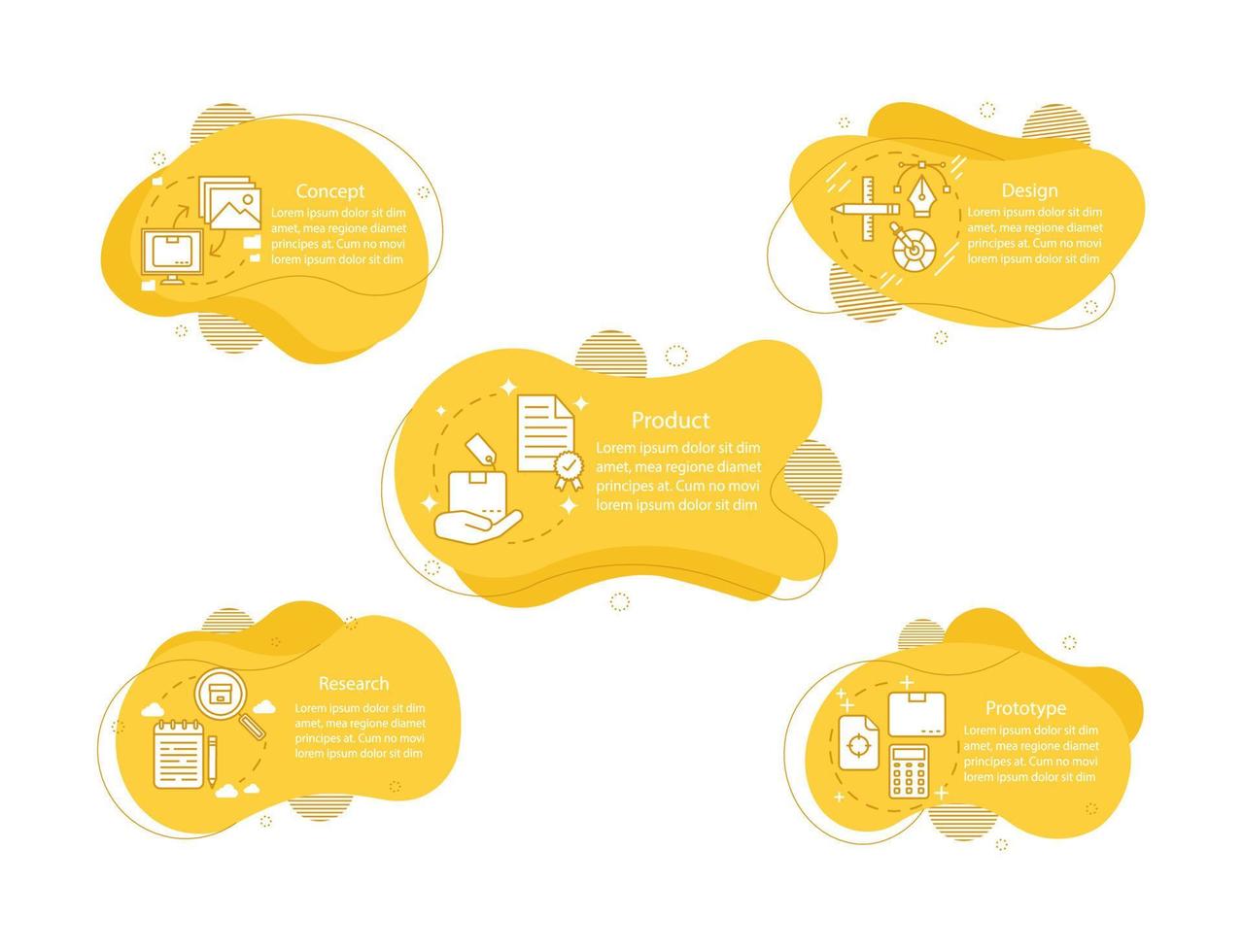 produit créant des illustrations de concept. développement, lancement, modèle d'infographie de conception. éléments fluides avec texte et icônes linéaires. étapes de bulles ondulées. présentation, bannière rapport cliparts vectoriels vecteur