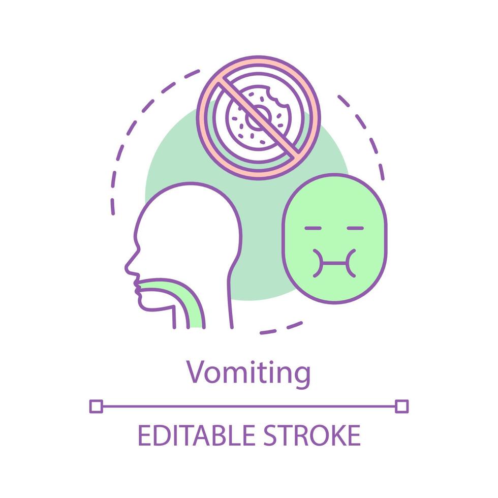 icône de concept de vomissements. illustration de ligne mince d'idée de symptôme d'empoisonnement alimentaire. problèmes digestifs. indigestion. maladie symptomatique d'origine alimentaire. reflux d'acide. dessin de contour isolé de vecteur. trait modifiable vecteur