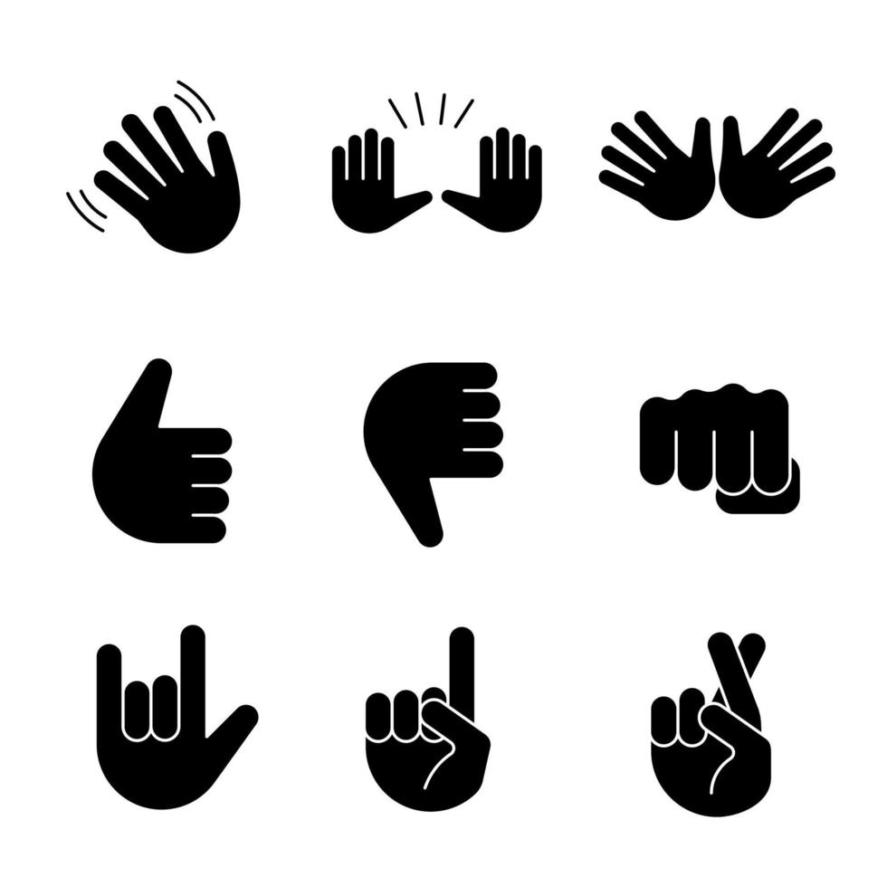 ensemble d'icônes de glyphe d'emojis de geste de main. agitant, stop, jazz, pouces vers le haut et vers le bas, poing, je t'aime, chance, mensonge gesticulant. mains ouvertes, doigts croisés. symboles de silhouettes. illustration vectorielle isolée vecteur