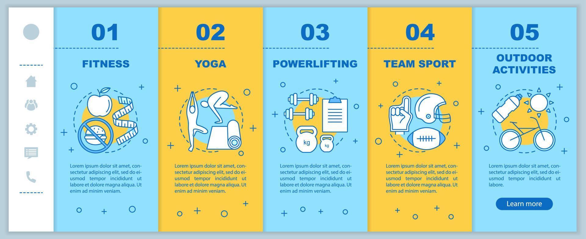 modèle vectoriel de pages Web mobiles d'intégration d'activités sportives. idée d'interface de site Web de smartphone réactif avec des illustrations linéaires. fitness, écrans pas à pas de page Web de yoga. notion de couleur