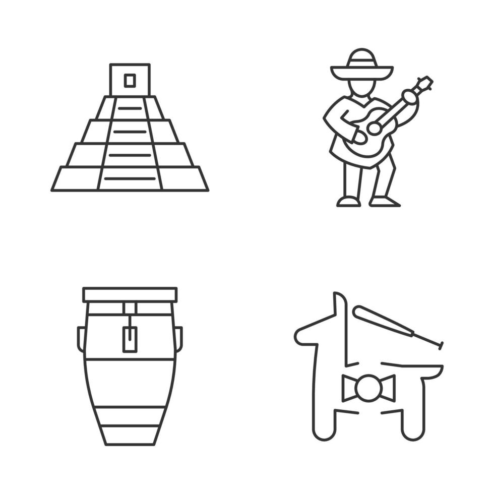 ensemble d'icônes linéaires de culture mexicaine. fête du cinco de mayo. pyramide mexicaine, guitariste, tambour conga, pinata. symboles de contour de ligne mince. illustrations vectorielles isolées. trait modifiable vecteur