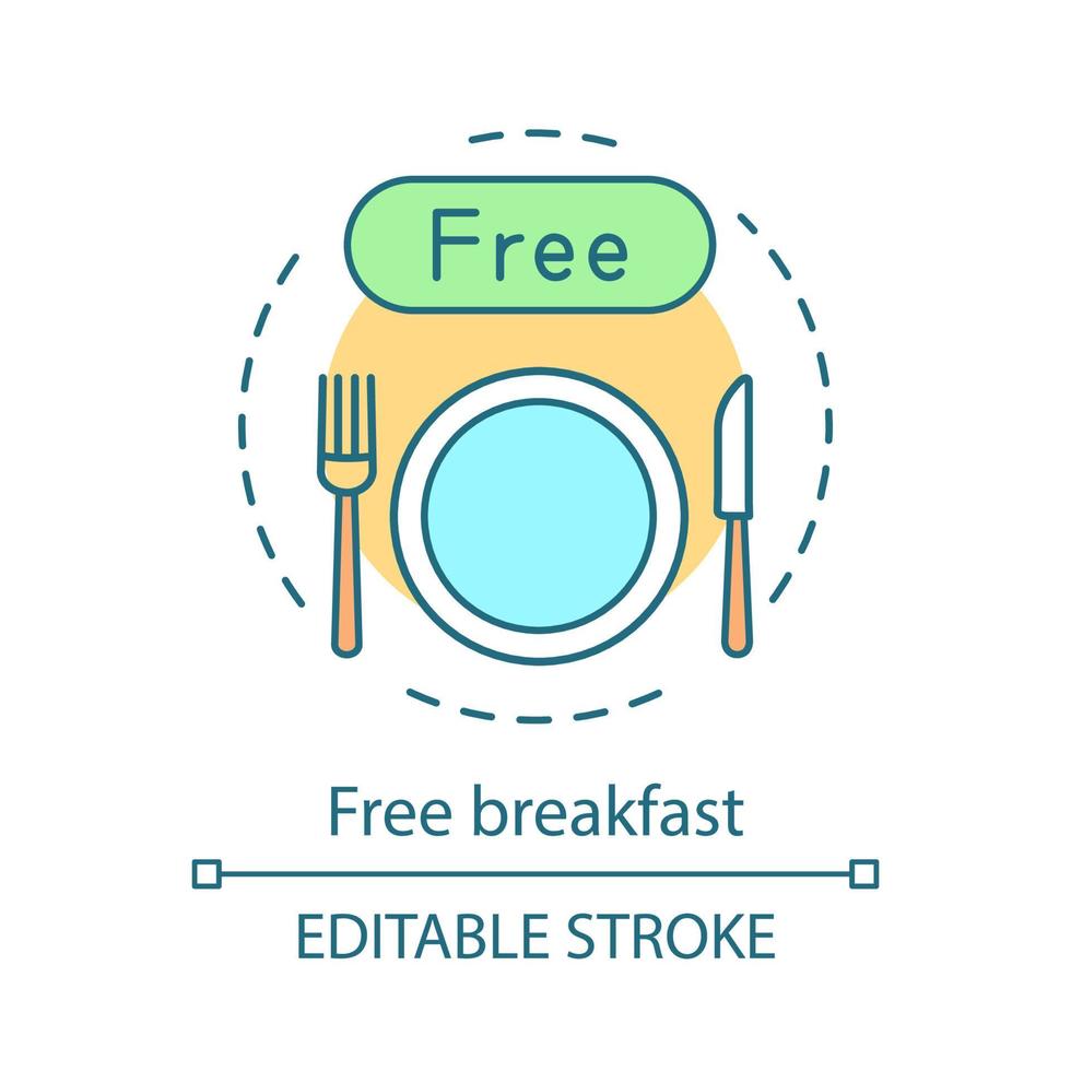 icône de concept de petit-déjeuner gratuit. commodités de l'hôtel. petit-déjeuner continental, boisson, assiette et couverts. dans la salle à manger idée fine ligne illustration. dessin de contour isolé de vecteur. trait modifiable vecteur