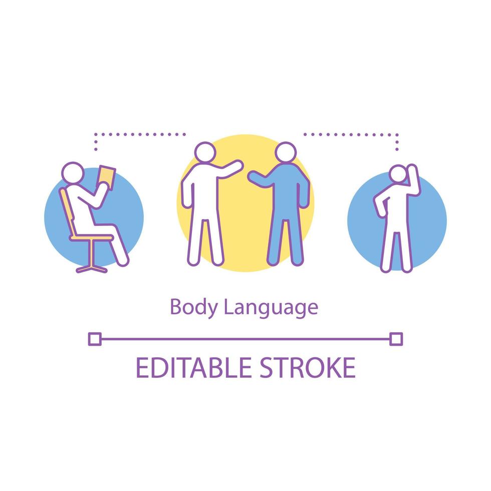 icône de concept de langage corporel. communication non verbale, expression des émotions. postures du corps, poses, gestes de la main. idée illustration fine ligne. dessin de contour isolé de vecteur. trait modifiable vecteur