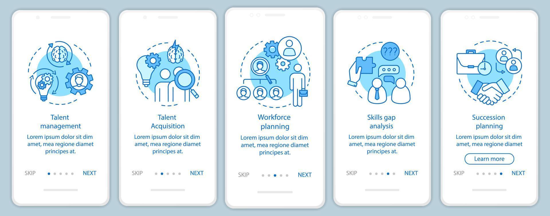 modèle de vecteur d'écran de page d'application mobile d'intégration de gestion des talents. planification de la main-d'œuvre, acquisition de talents. étapes du site Web pas à pas, illustrations linéaires. concept d'interface de smartphone ux, ui, gui