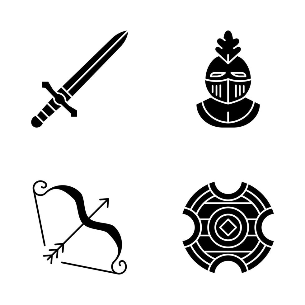 ensemble d'icônes de glyphes médiévaux. épée en métal, casque de chevalier, bouclier de combat, arc et flèche. symboles de silhouettes. illustration vectorielle isolée vecteur