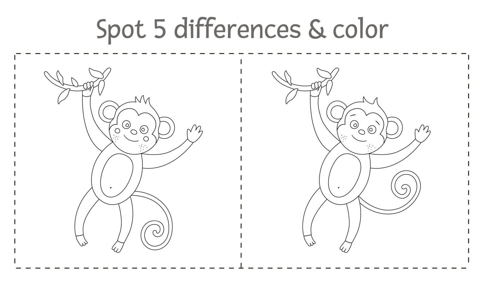 différences de découverte tropicales et jeu de couleurs pour les enfants. activité préscolaire tropicale d'été en noir et blanc avec singe. coloriage amusant pour les enfants vecteur