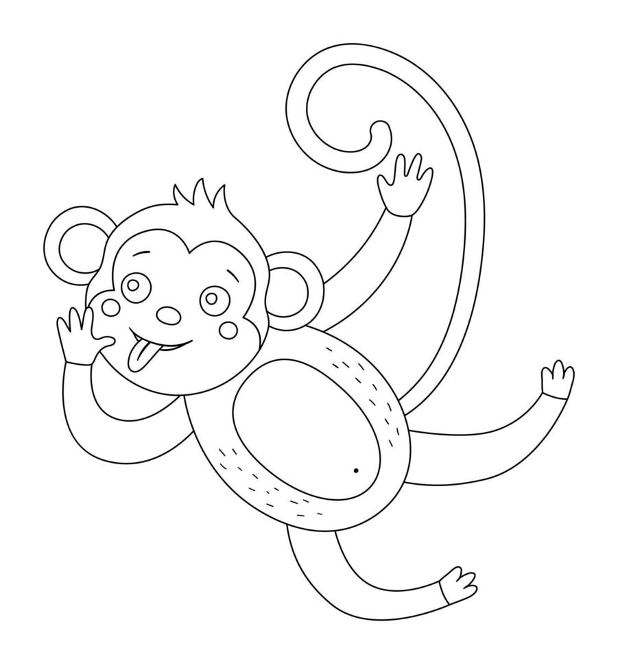 singe mignon de vecteur avec le contour de la langue coincée. illustration drôle d'animal exotique tropical en noir et blanc. coloriage amusant pour les enfants. clipart été jungle