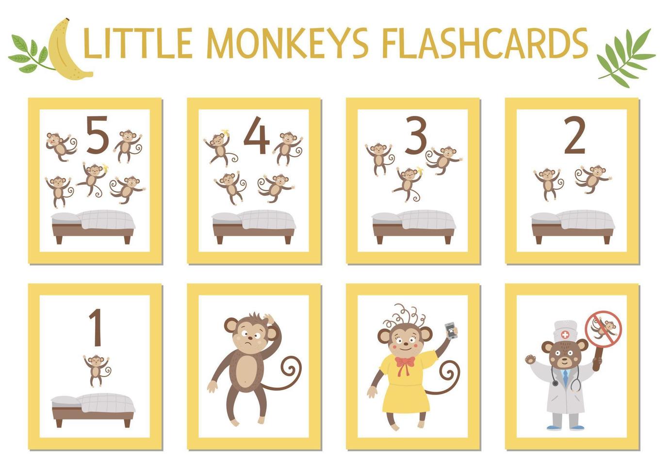 ensemble d'images vectorielles de cartes mémoire éducatives avec cinq petits singes mignons, maman, médecin, lit. illustration drôle de comptine et de chanson. cartes imprimables lumineuses pour apprendre à compter. clipart été jungle vecteur