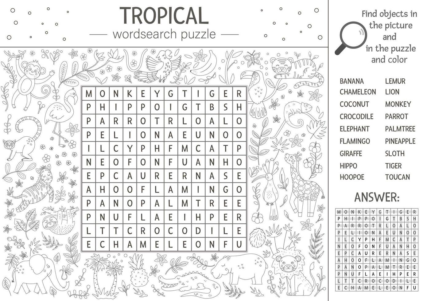 puzzle de recherche de mots d'été de vecteur pour les enfants. mot-clé avec des animaux tropicaux et des oiseaux pour les enfants. activité éducative de mots croisés dans la jungle avec des personnages amusants et mignons