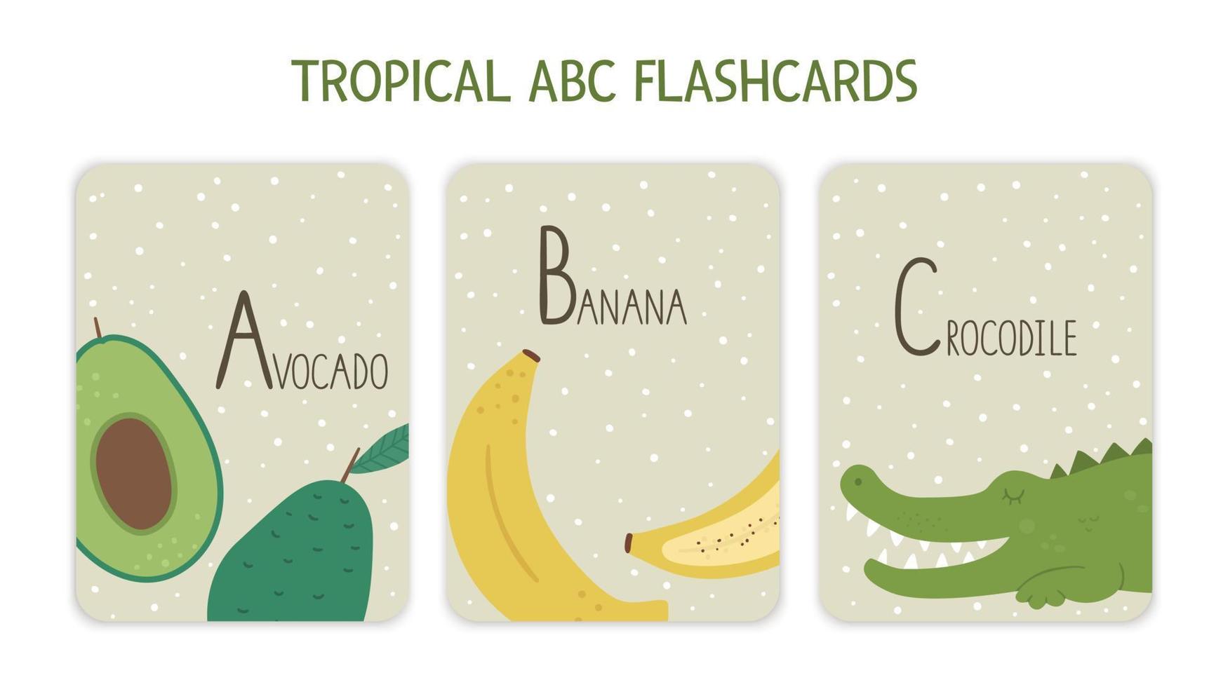 lettres de l'alphabet coloré a, b, c. carte mémoire phonétique avec animaux tropicaux, oiseaux, fruits, plantes. jolies cartes abc éducatives de la jungle pour enseigner la lecture avec des avocat, des bananes, des crocodiles amusants. vecteur