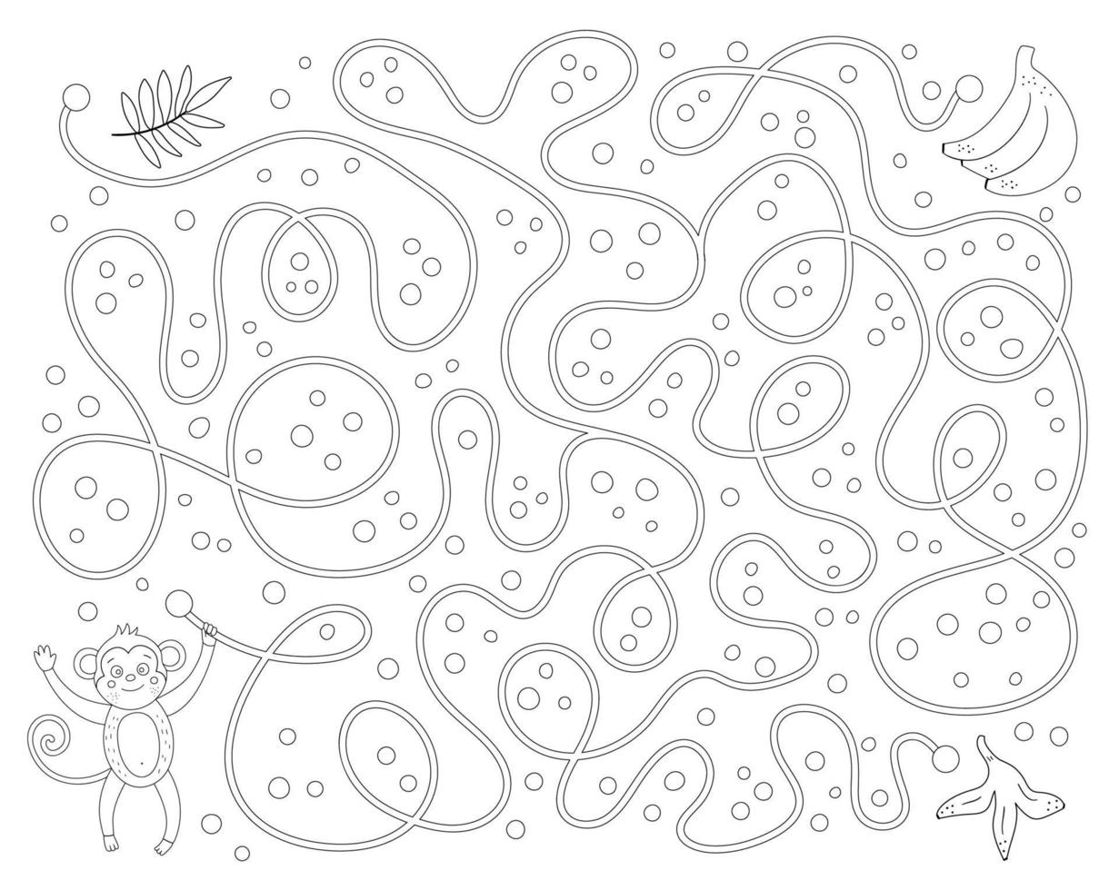 labyrinthe tropical pour les enfants. activité exotique préscolaire. casse-tête drôle de jungle noir et blanc. aidez le singe à accéder au jeu des bananes. coloriage amusant pour les enfants vecteur