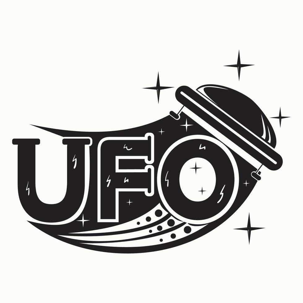 inscription stylisée ufo avec une soucoupe volante vers le haut à travers l'inscription image en noir et blanc sur un fond isolé vecteur