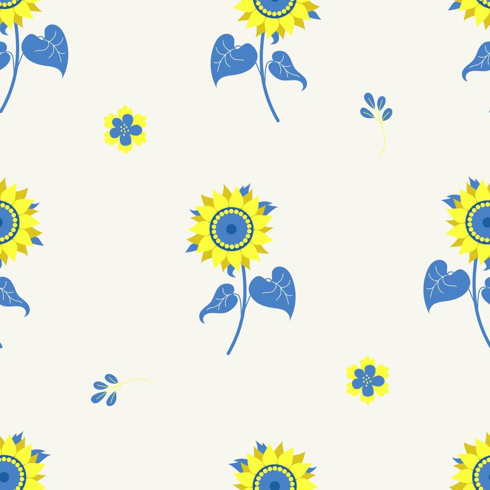 motif floral sans couture. tournesol jaune-bleu décoratif sur fond gris clair avec des fleurs. illustration vectorielle. motif botanique aux couleurs du drapeau ukrainien pour la décoration, le design, l'emballage, le papier peint vecteur