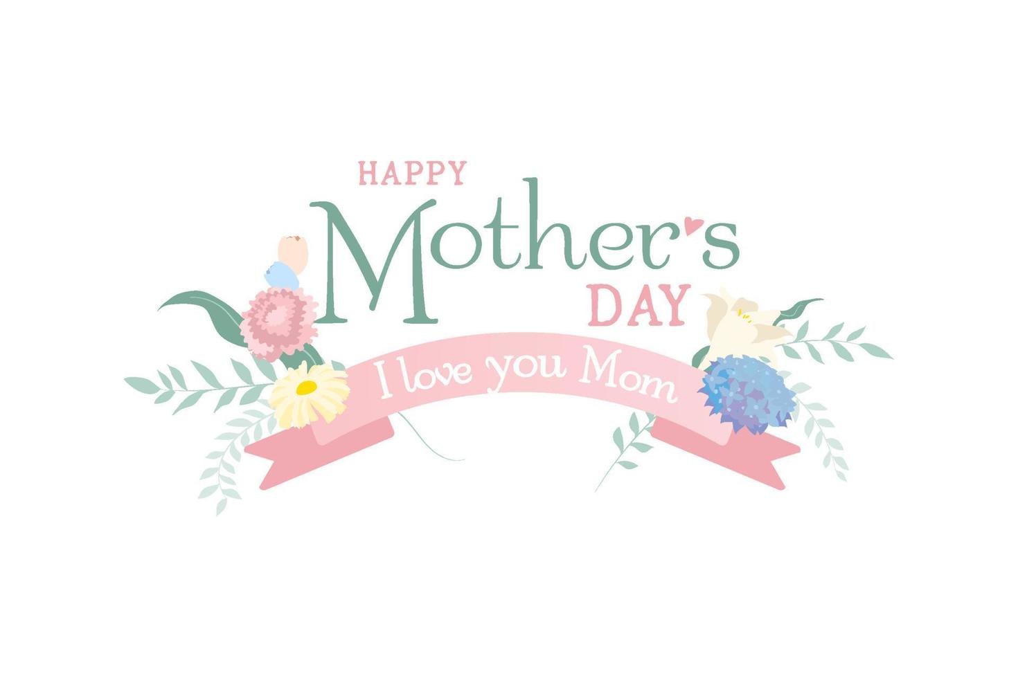 typographie texte de la fête des mères avec des fleurs, ruban rose avec je t'aime maman texte graphique vectoriel plat
