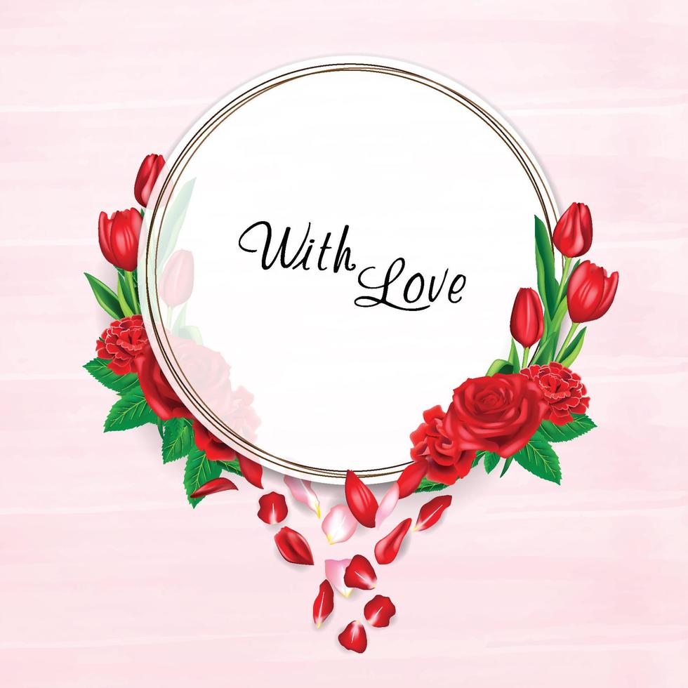 cadre circulaire avec fleurs rouges, cadre floral avec illustration vectorielle ligne sur rose vecteur