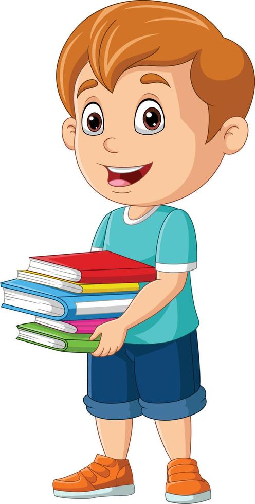 dessin animé petit garçon portant une pile de livre vecteur