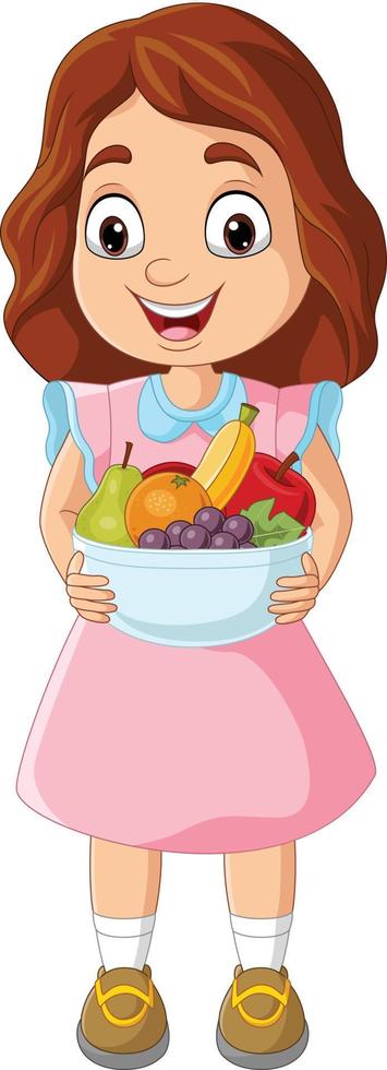 dessin animé petite fille tenant une corbeille de fruits vecteur