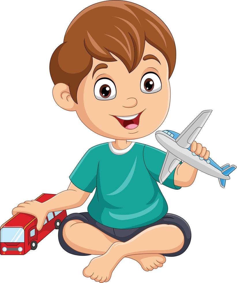 dessin animé petit garçon jouant des jouets de bus et d'avion vecteur