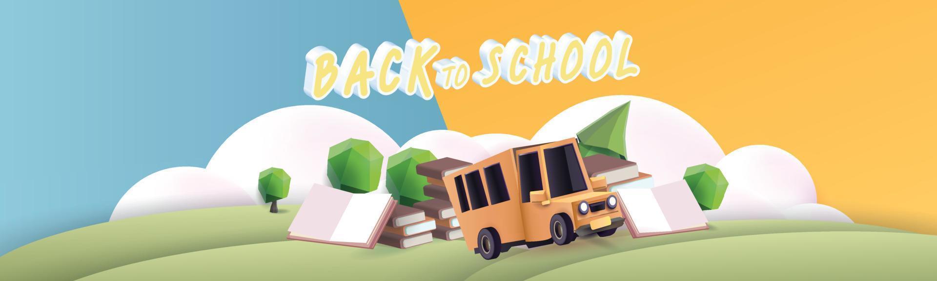 retour à l'école podium coloré avec autobus scolaire jaune et livre elearning vecteur illustation