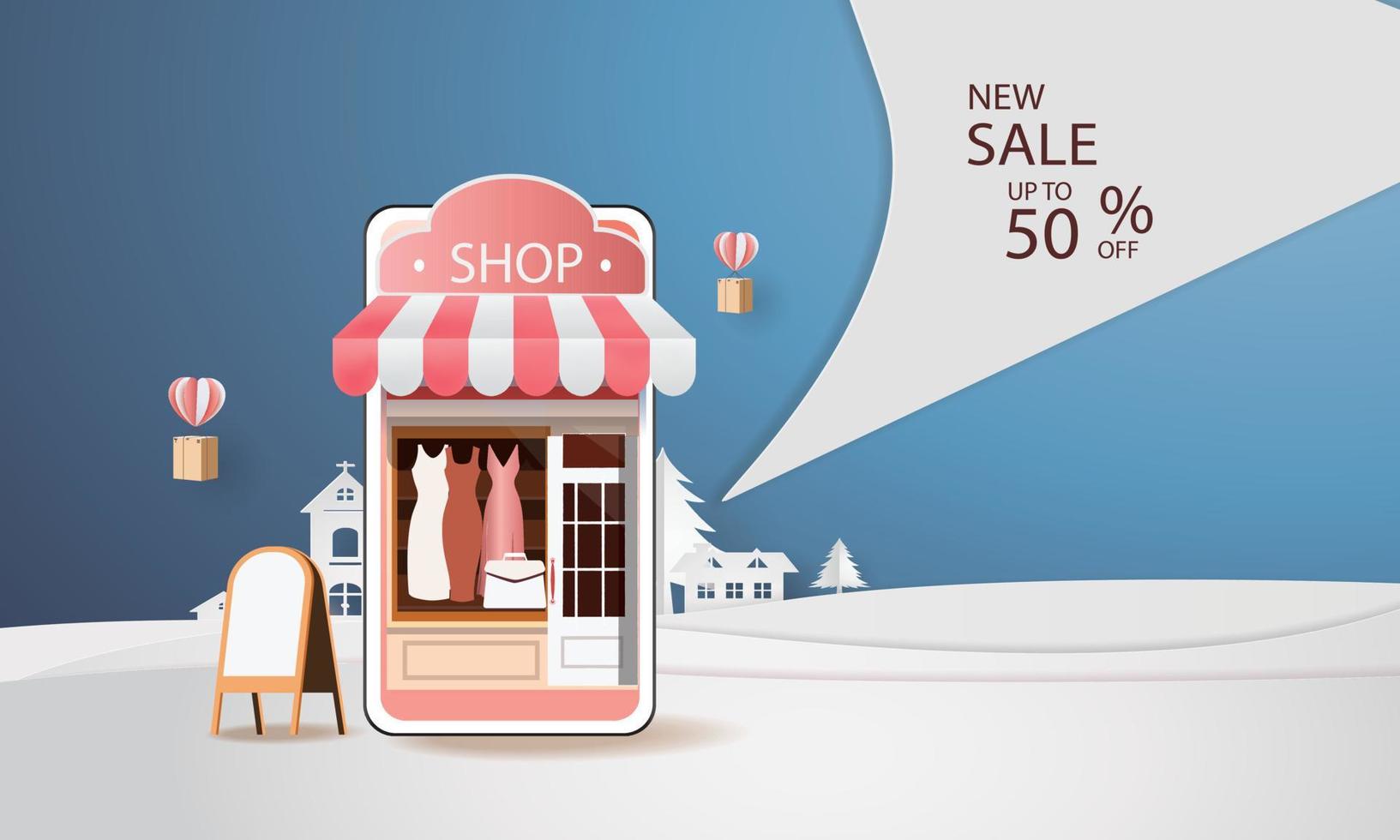 achats en ligne sur smartphone et nouveau fond rose de promotion de vente d'achat pour le concept de femmes de commerce électronique de marché de bannière. vecteur