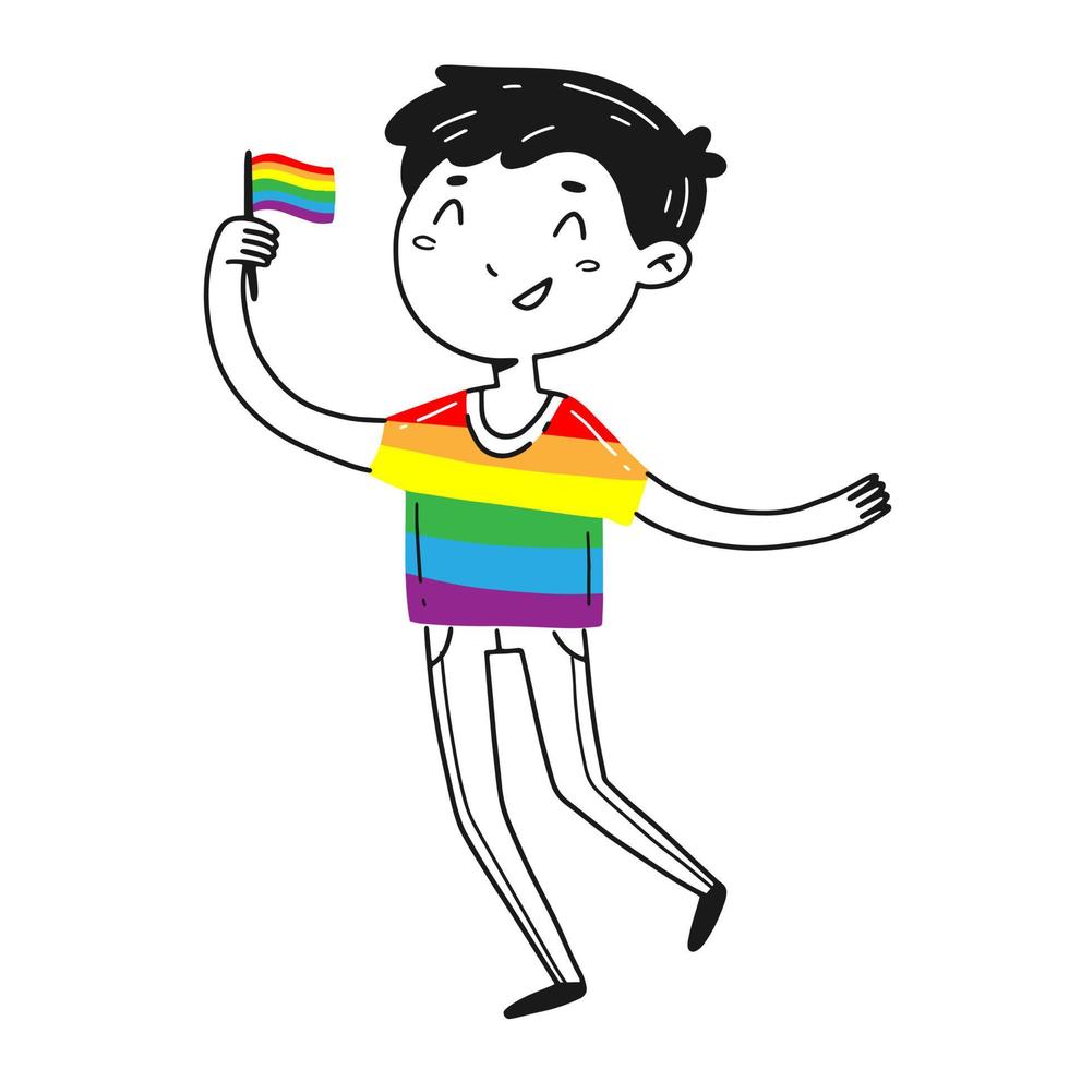 un jeune homme heureux avec un drapeau lgbt dans un style de doodle linéaire. illustration de fierté lgbt isolée de vecteur