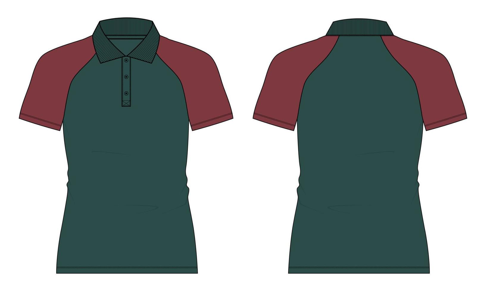 deux tons rouge et vert polo raglan à manches courtes mode technique croquis plat modèle d'illustration vectorielle vues avant et arrière. vecteur