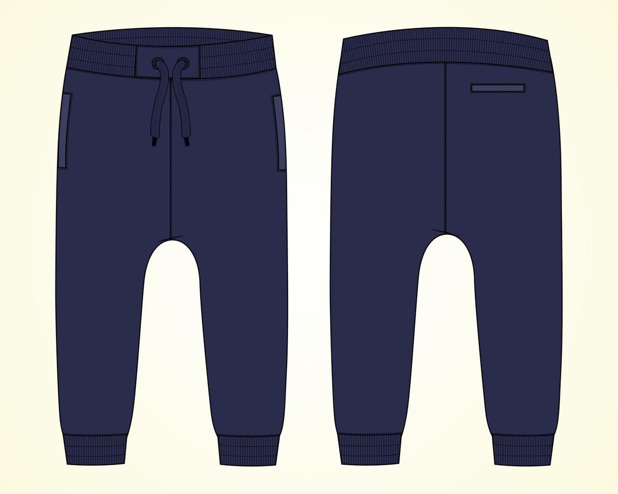 pantalon de survêtement de base en jersey de coton polaire mode technique croquis plat modèle de couleur marine vues avant et arrière. illustration vectorielle de pantalon de jogging de vêtements maquette pour les enfants et les garçons. vecteur