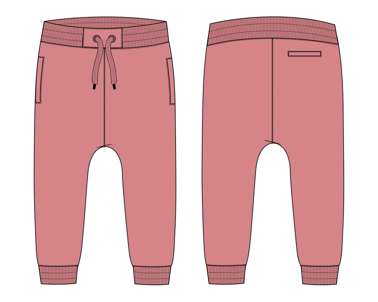 pantalon de survêtement de base en jersey de coton polaire mode technique croquis plat modèle de couleur pourpre vues avant et arrière. illustration vectorielle de pantalon de jogging de vêtements maquette pour les enfants et les garçons. vecteur