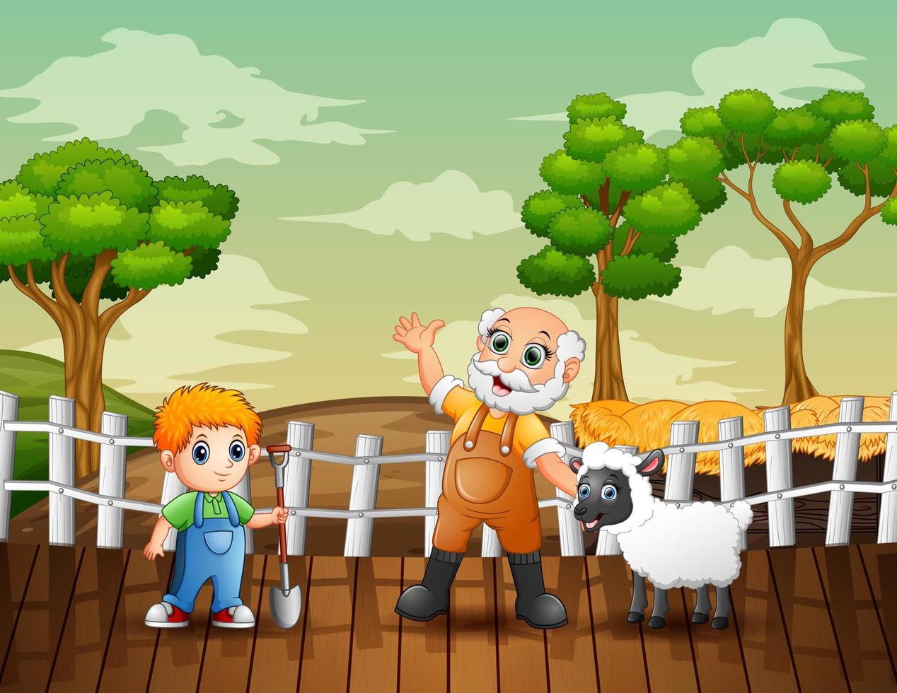 les agriculteurs et un mouton dans l'illustration de la ferme vecteur