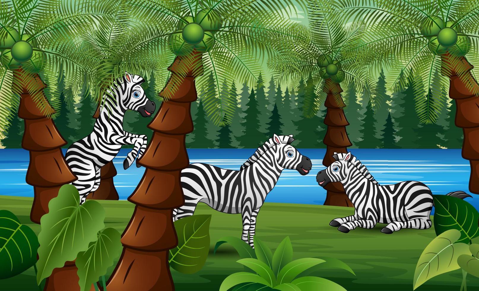 paysage de jungle de palmiers avec des zèbres de dessin animé profitant de la nature vecteur