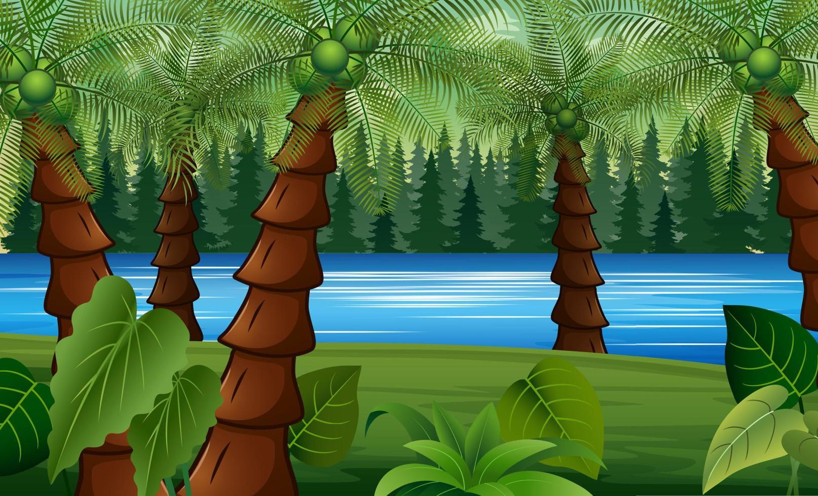 fond de paysage de jungle de palmiers avec la rivière qui coule vecteur